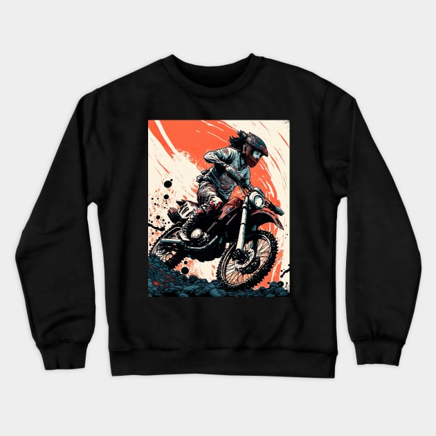 Dirt bike rider with Japanese style red background Crewneck Sweatshirt by KoolArtDistrict